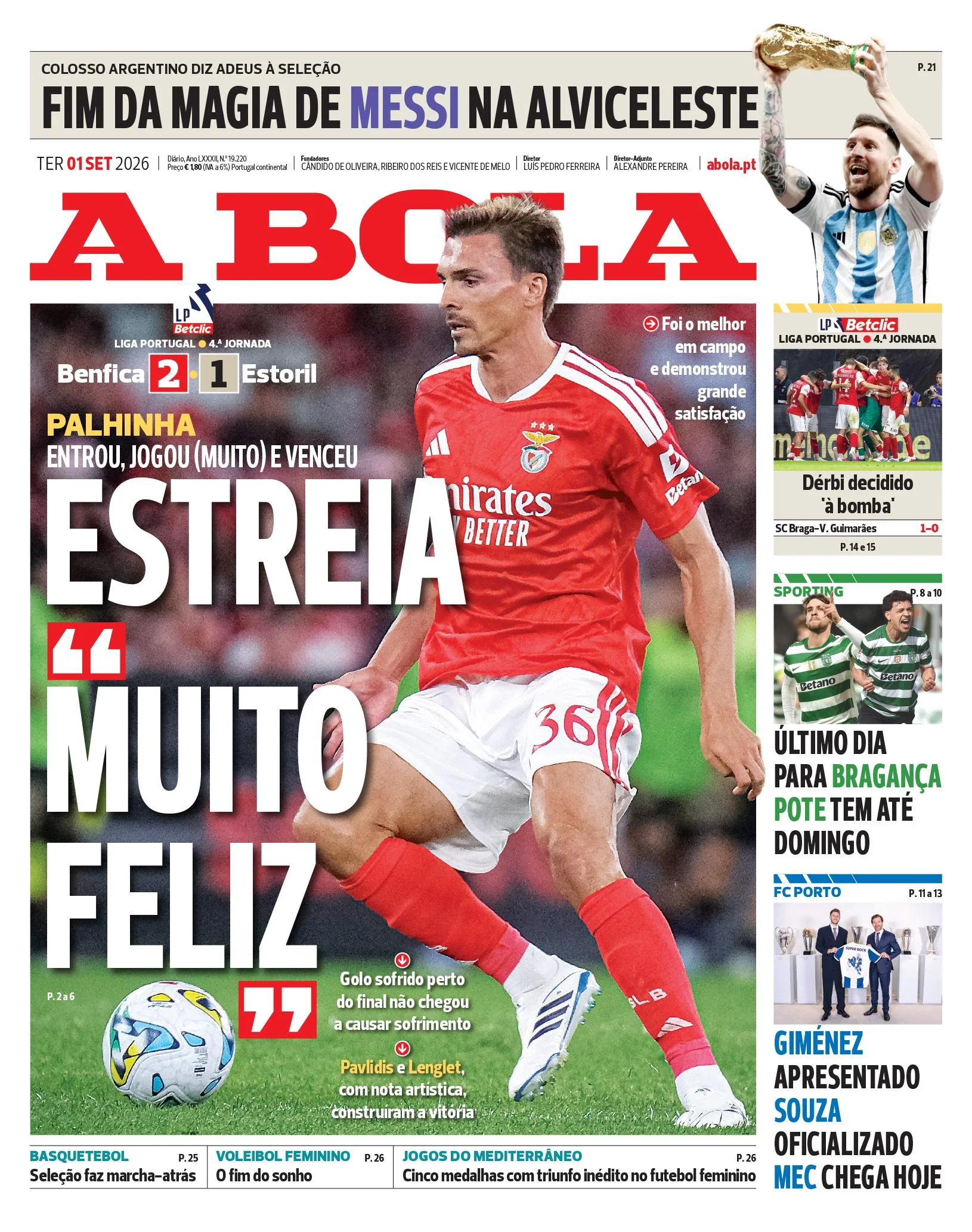Capa do A Bola de terça-feira, 1 de setembro de 2026