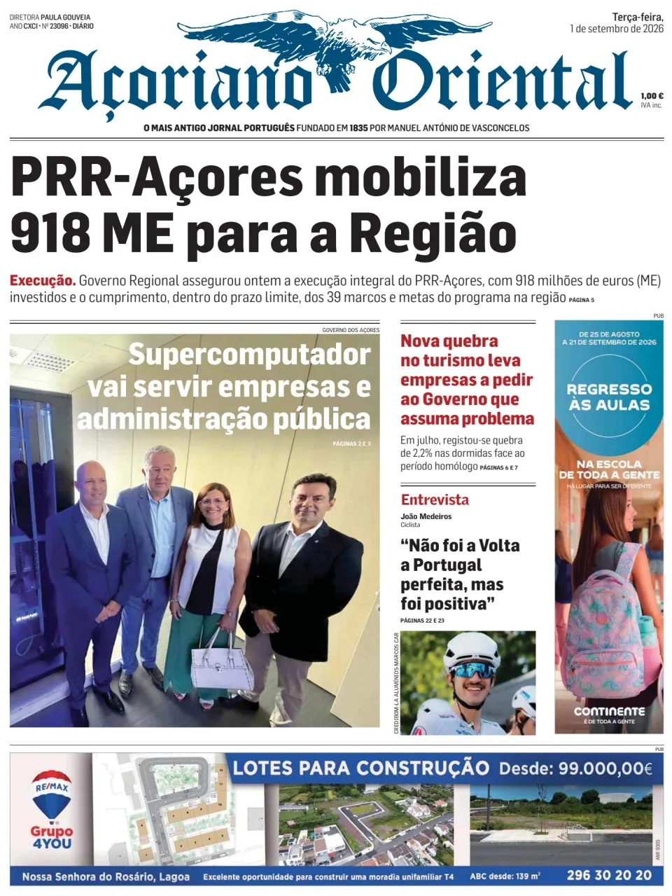 Capa do Açoriano Oriental de terça-feira, 1 de setembro de 2026