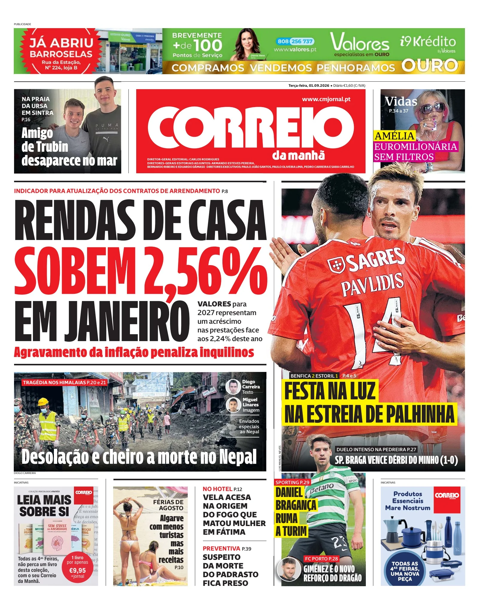 Capa do Correio da Manhã de terça-feira, 1 de setembro de 2026