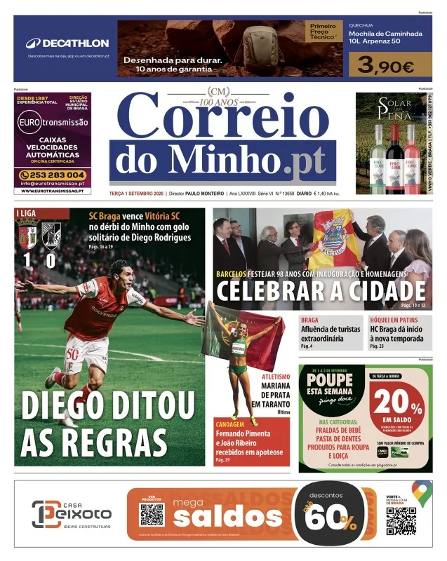 Capa do Correio do Minho de terça-feira, 1 de setembro de 2026