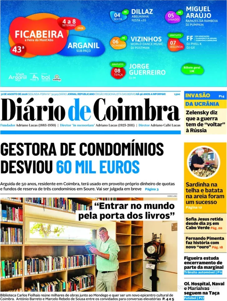 Capa do Diário de Coimbra de terça-feira, 1 de setembro de 2026