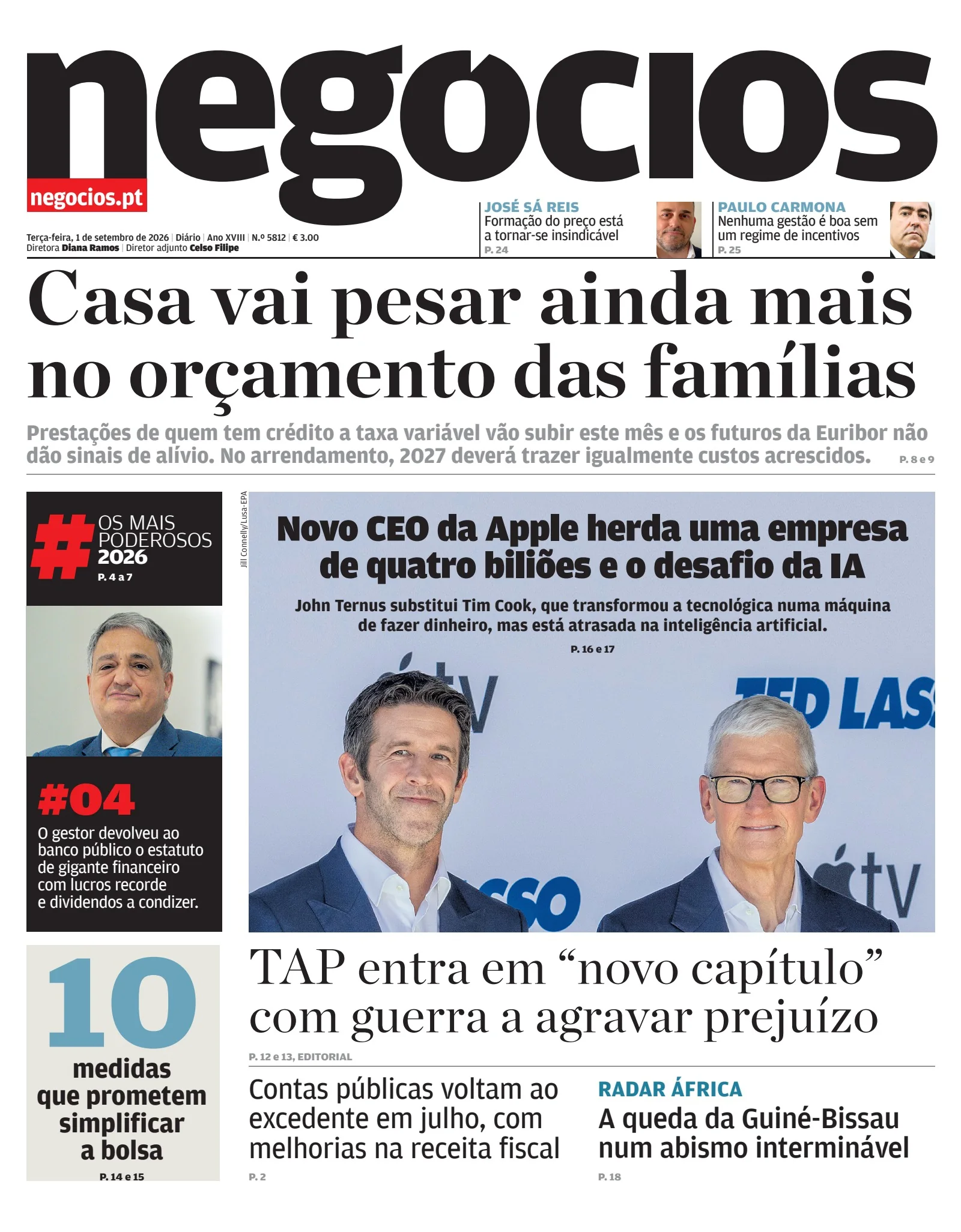 Capa do Jornal de Negócios de terça-feira, 1 de setembro de 2026