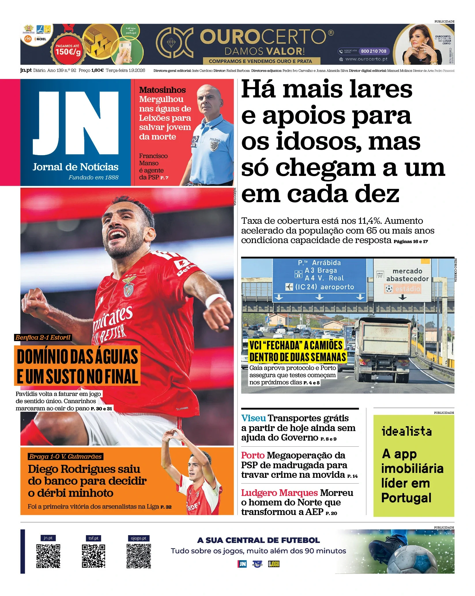 Capa do Jornal de Notícias de terça-feira, 1 de setembro de 2026