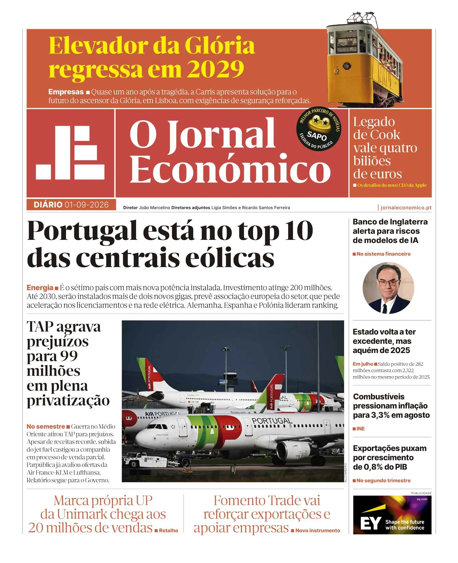 Capa do Jornal Económico de terça-feira, 1 de setembro de 2026