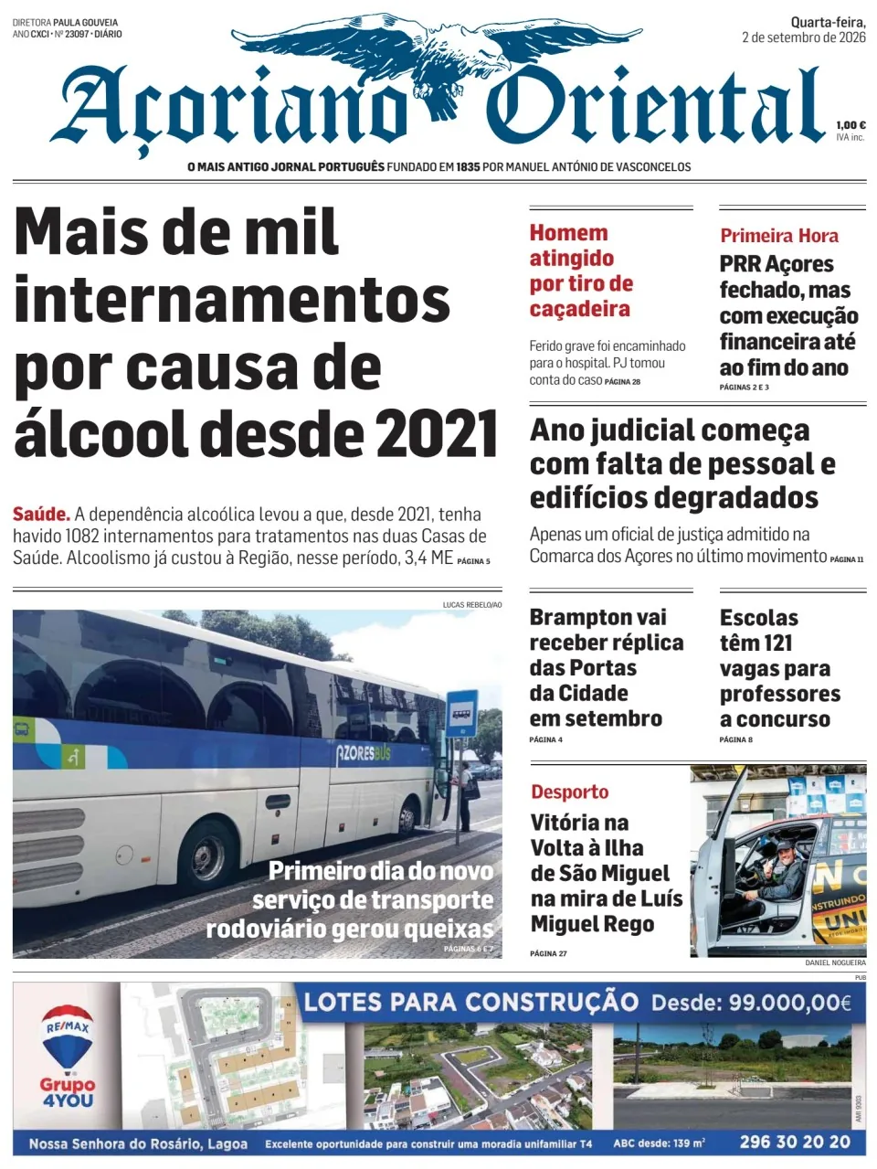 Capa do Açoriano Oriental de quarta-feira, 2 de setembro de 2026