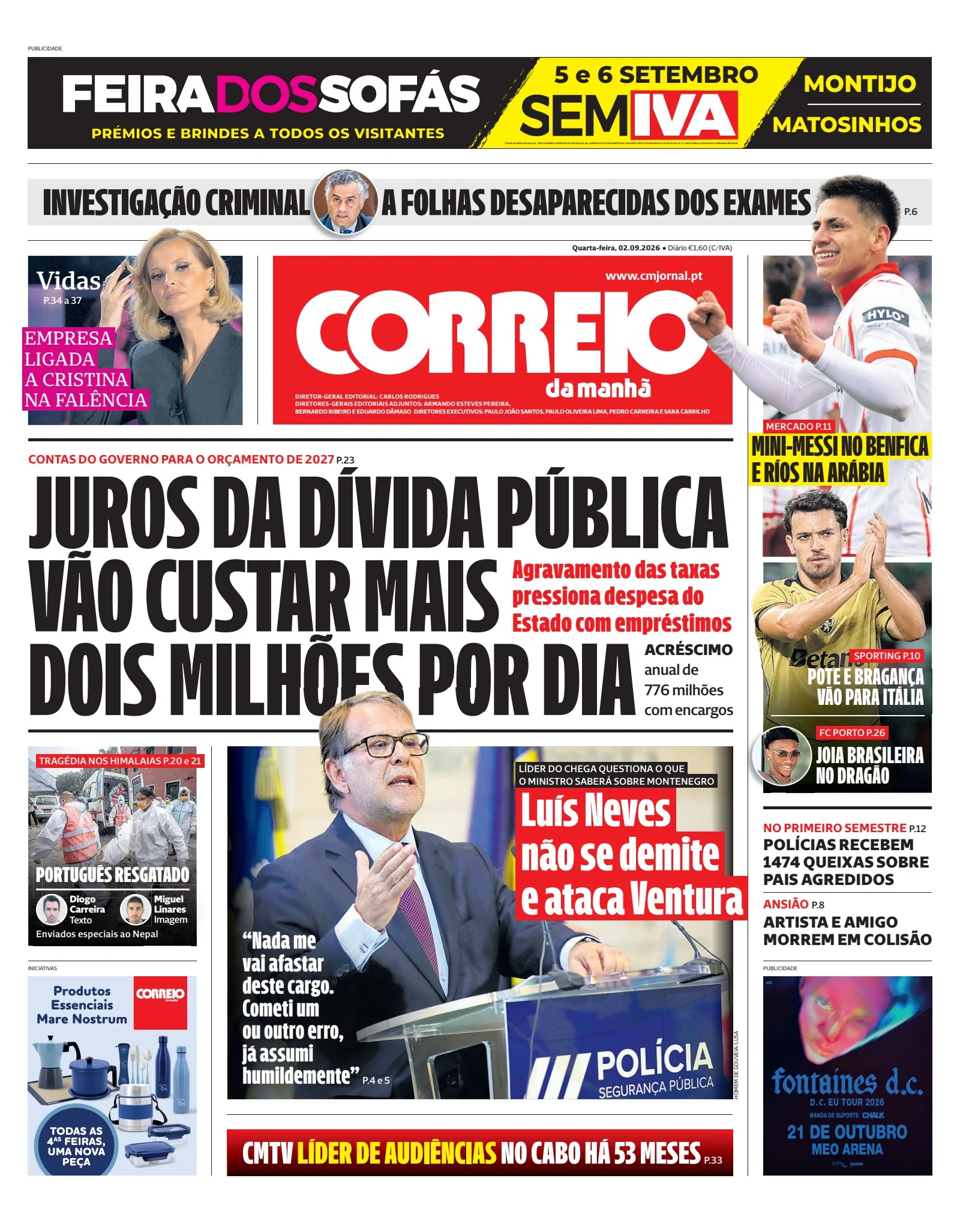 Capa do Correio da Manhã de quarta-feira, 2 de setembro de 2026