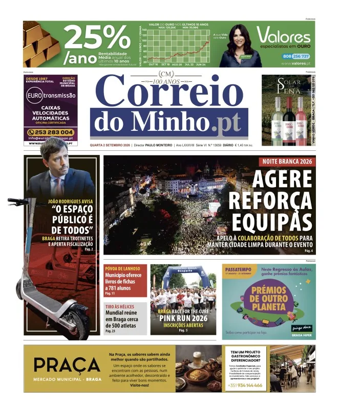 Capa do Correio do Minho de quarta-feira, 2 de setembro de 2026