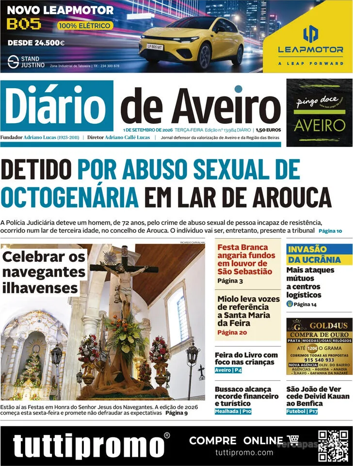 Capa do Diário de Aveiro de quarta-feira, 2 de setembro de 2026