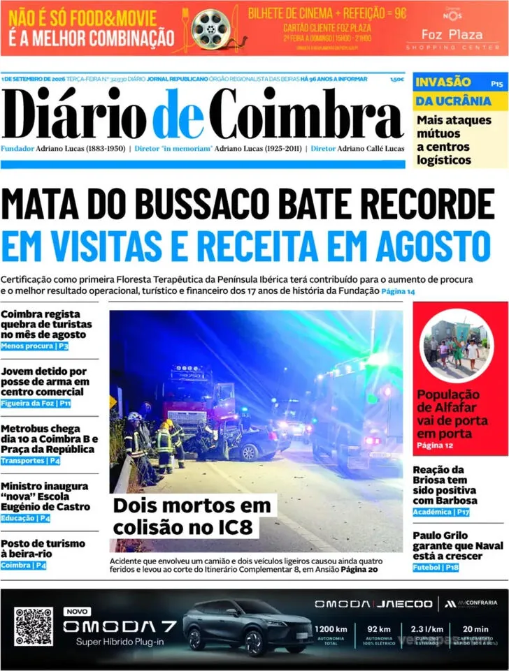 Capa do Diário de Coimbra de quarta-feira, 2 de setembro de 2026