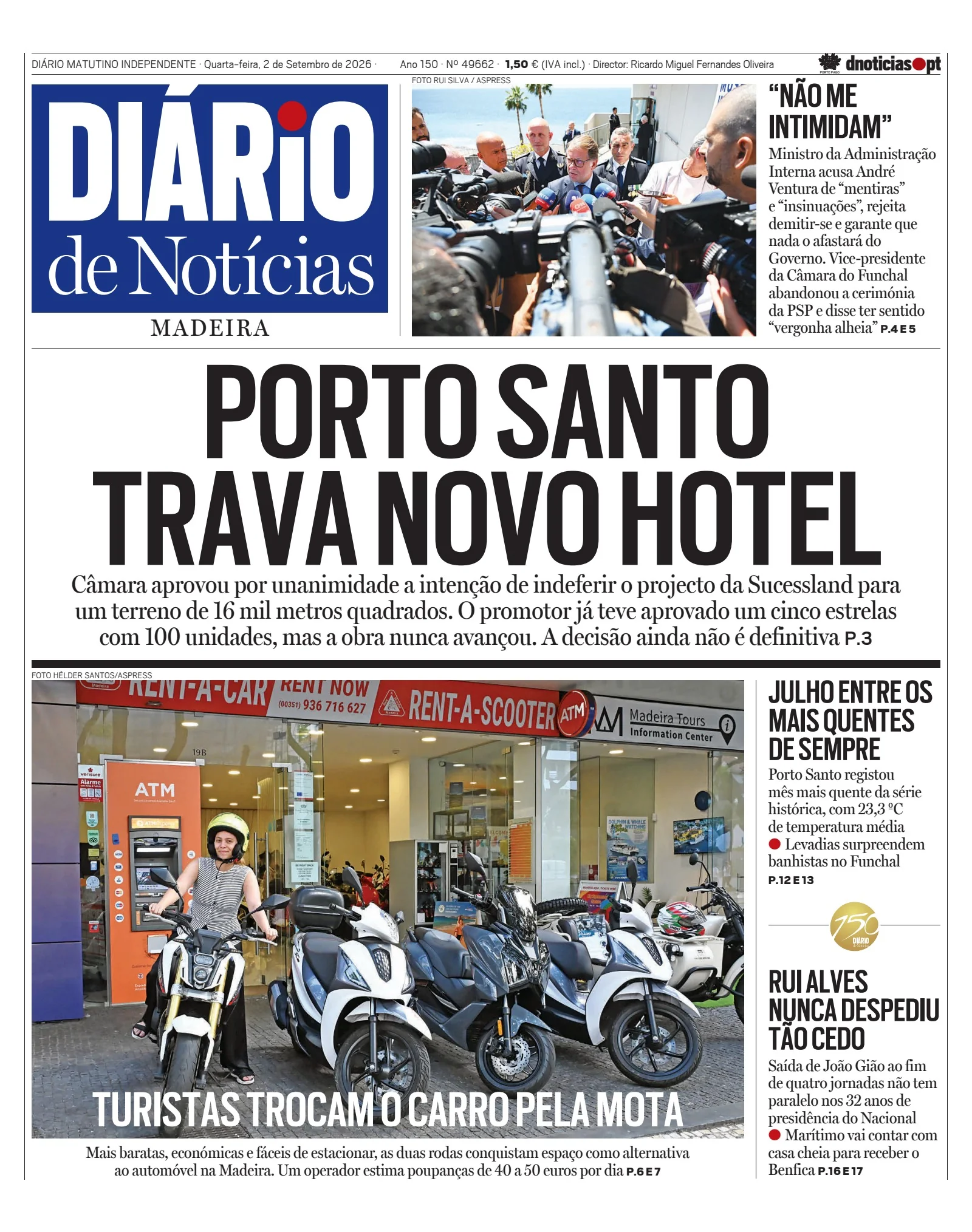 Capa do Diário de Notícias da Madeira de quarta-feira, 2 de setembro de 2026
