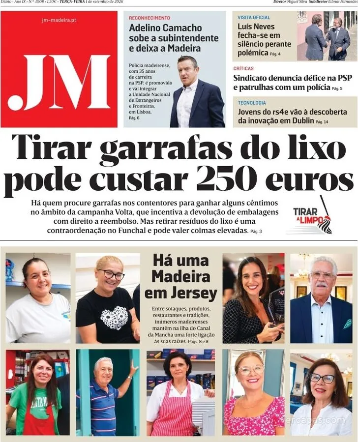 Capa do Jornal da Madeira de quarta-feira, 2 de setembro de 2026