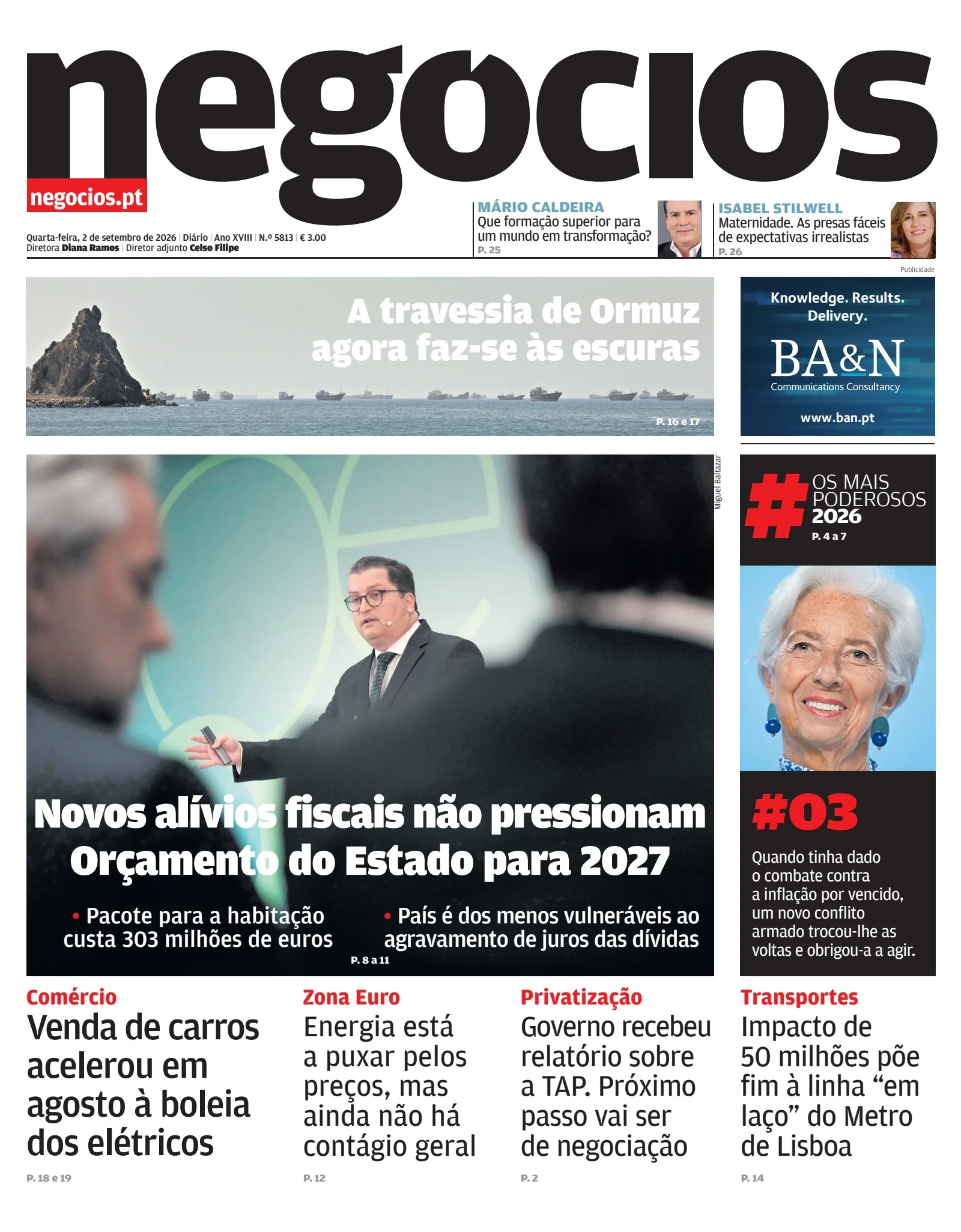 Capa do Jornal de Negócios de quarta-feira, 2 de setembro de 2026