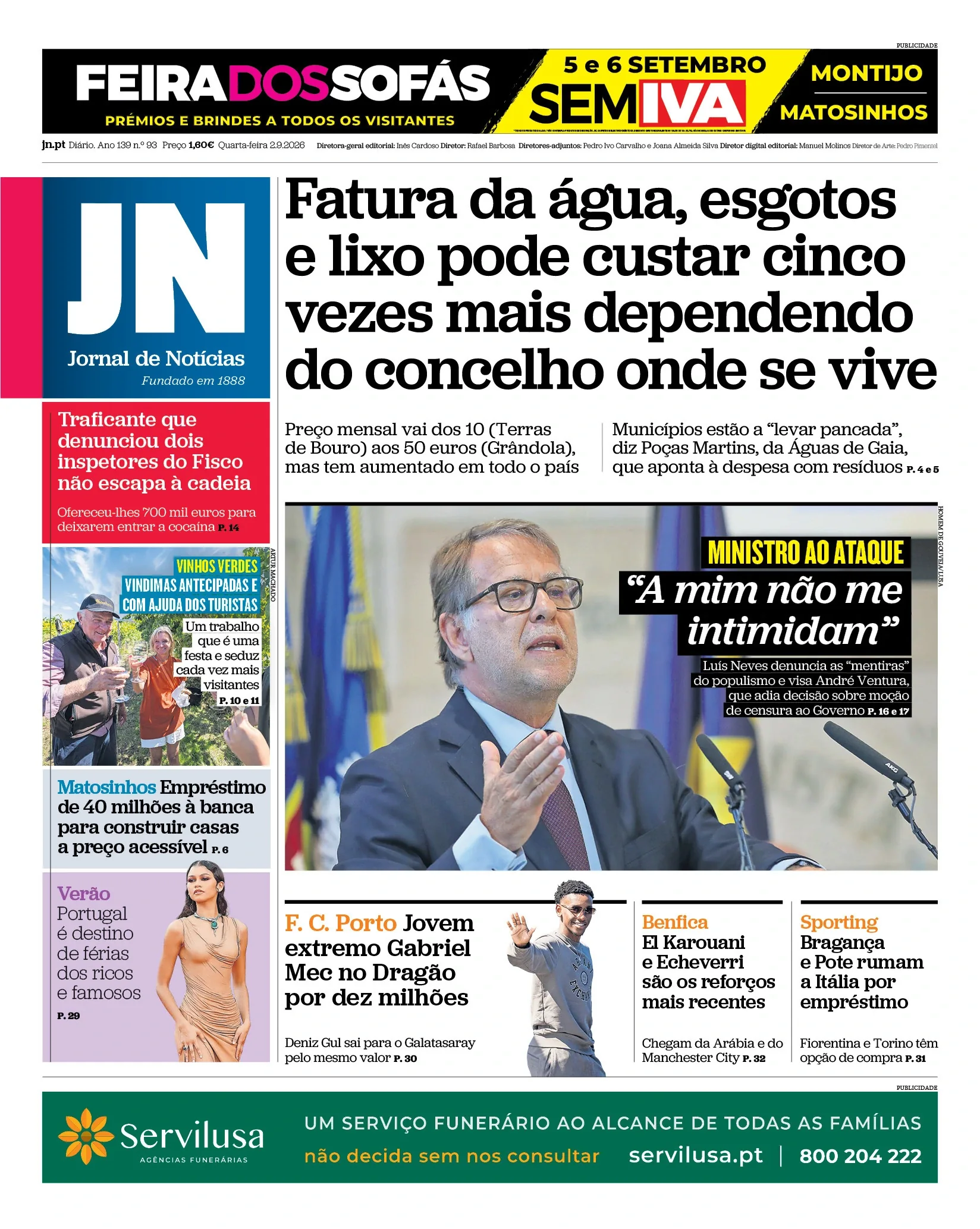 Capa do Jornal de Notícias de quarta-feira, 2 de setembro de 2026