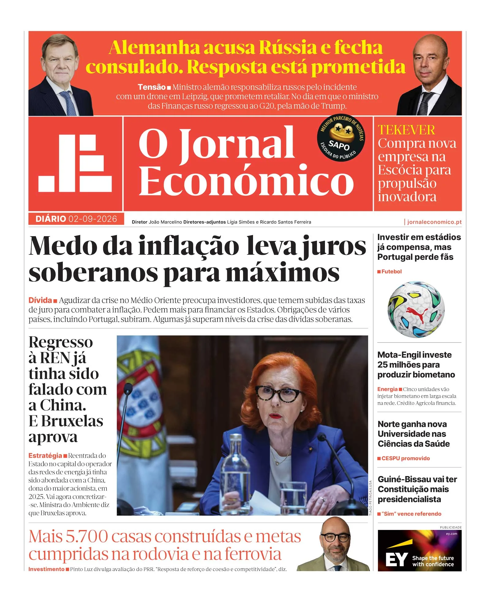 Capa do Jornal Económico de quarta-feira, 2 de setembro de 2026