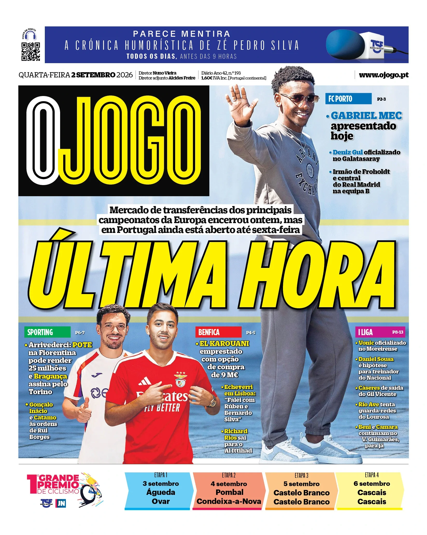 Capa do O Jogo de quarta-feira, 2 de setembro de 2026