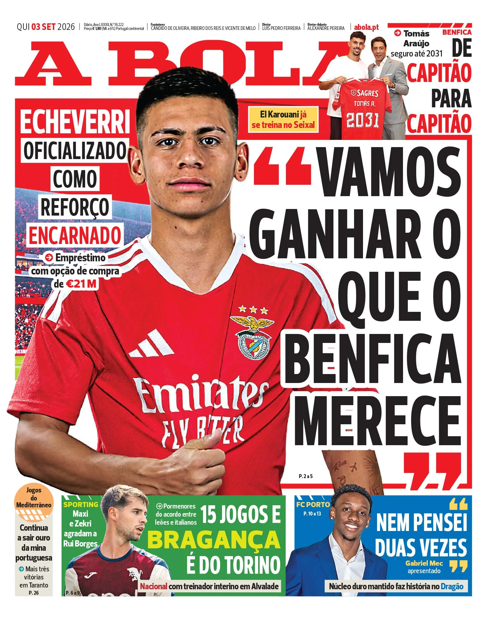 Capa do A Bola de quinta-feira, 3 de setembro de 2026