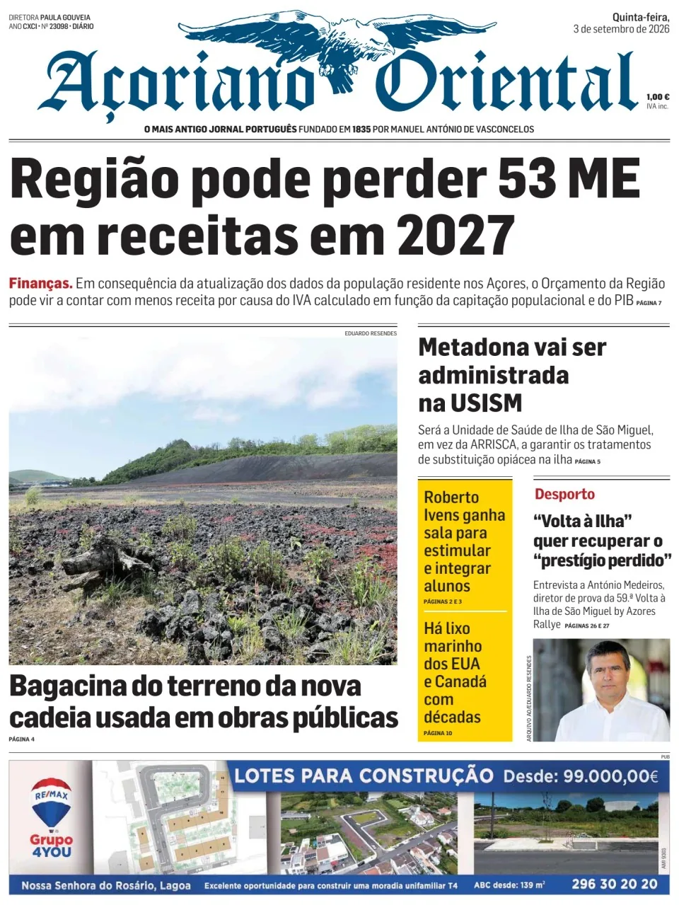Capa do Açoriano Oriental de quinta-feira, 3 de setembro de 2026
