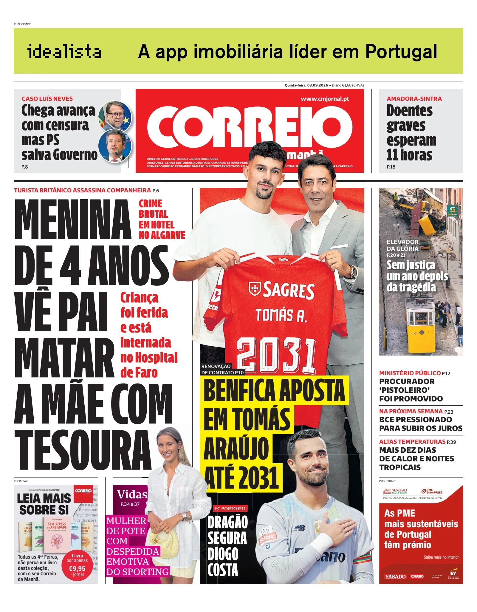Capa do Correio da Manhã de quinta-feira, 3 de setembro de 2026