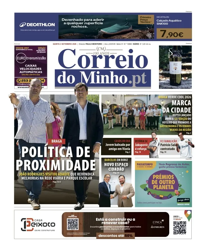 Capa do Correio do Minho de quinta-feira, 3 de setembro de 2026