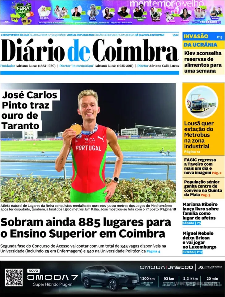 Capa do Diário de Coimbra de quinta-feira, 3 de setembro de 2026