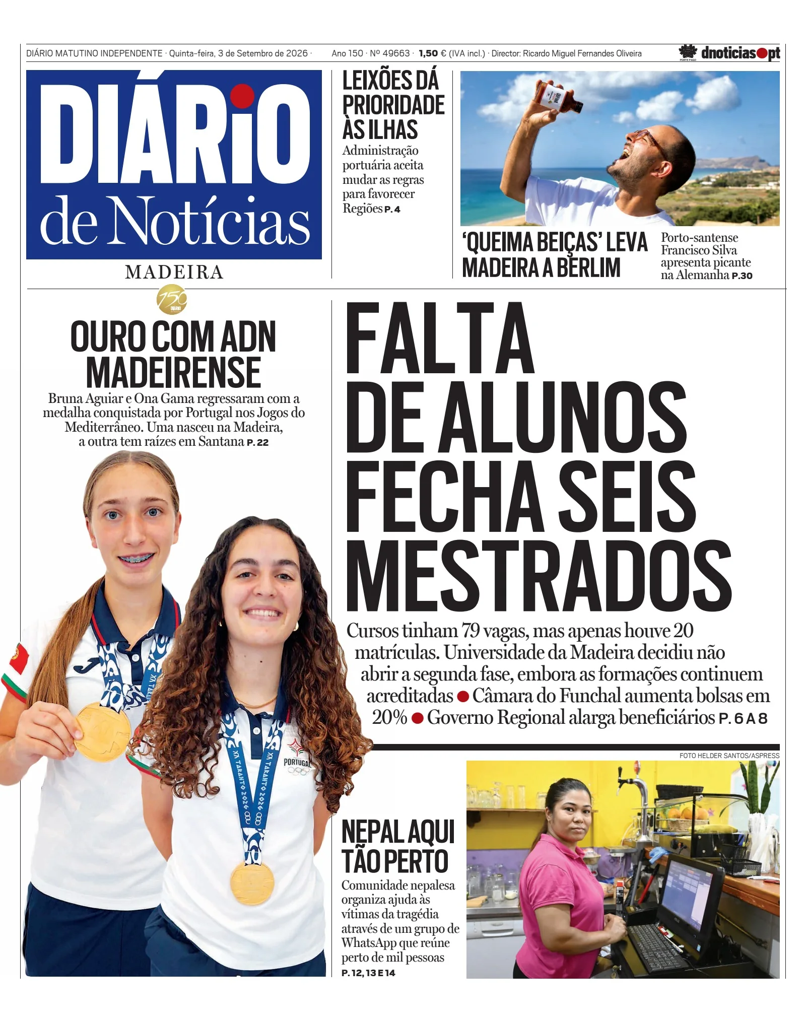Capa do Diário de Notícias da Madeira de quinta-feira, 3 de setembro de 2026