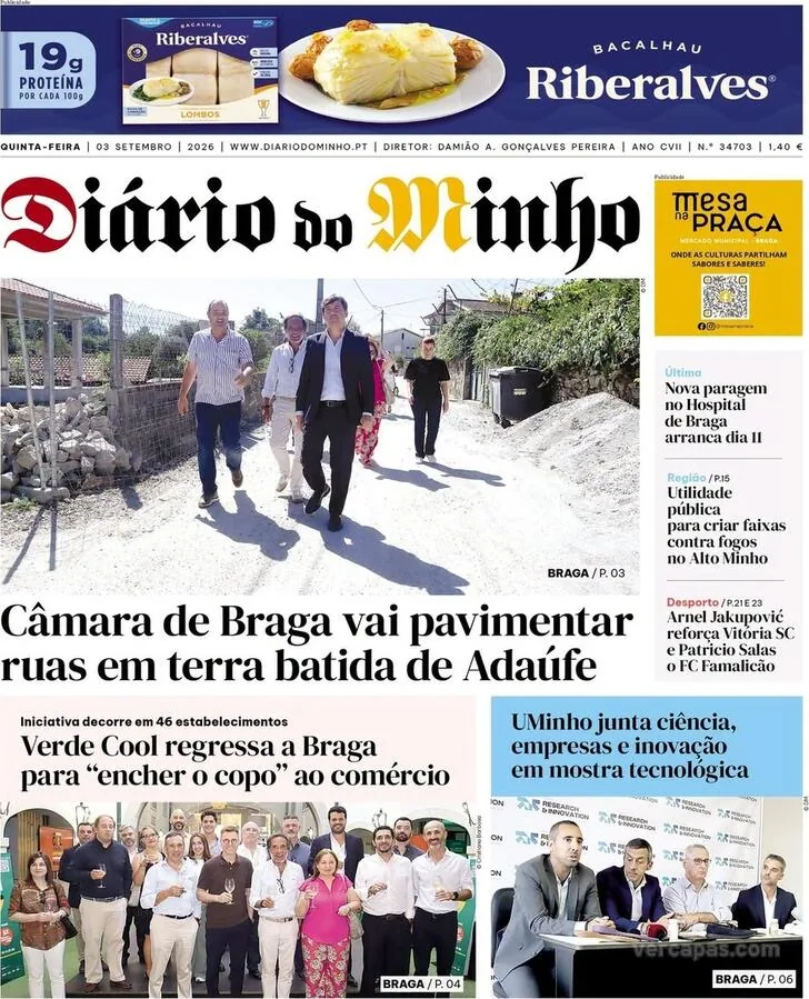 Capa do Diário do Minho de quinta-feira, 3 de setembro de 2026