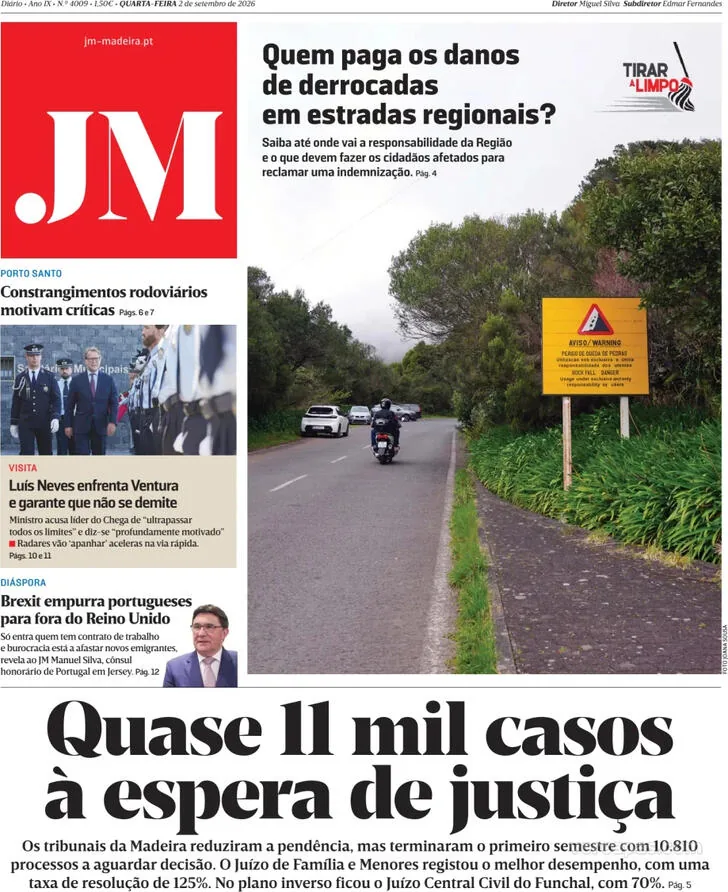 Capa do Jornal da Madeira de quinta-feira, 3 de setembro de 2026