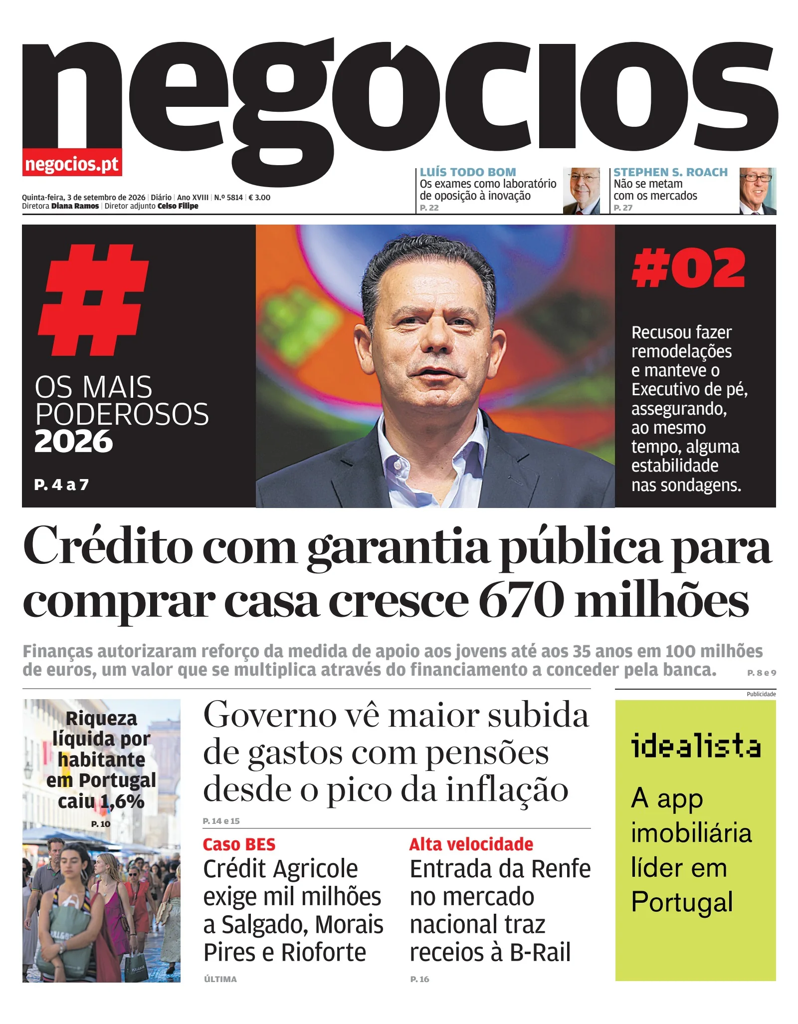 Capa do Jornal de Negócios de quinta-feira, 3 de setembro de 2026