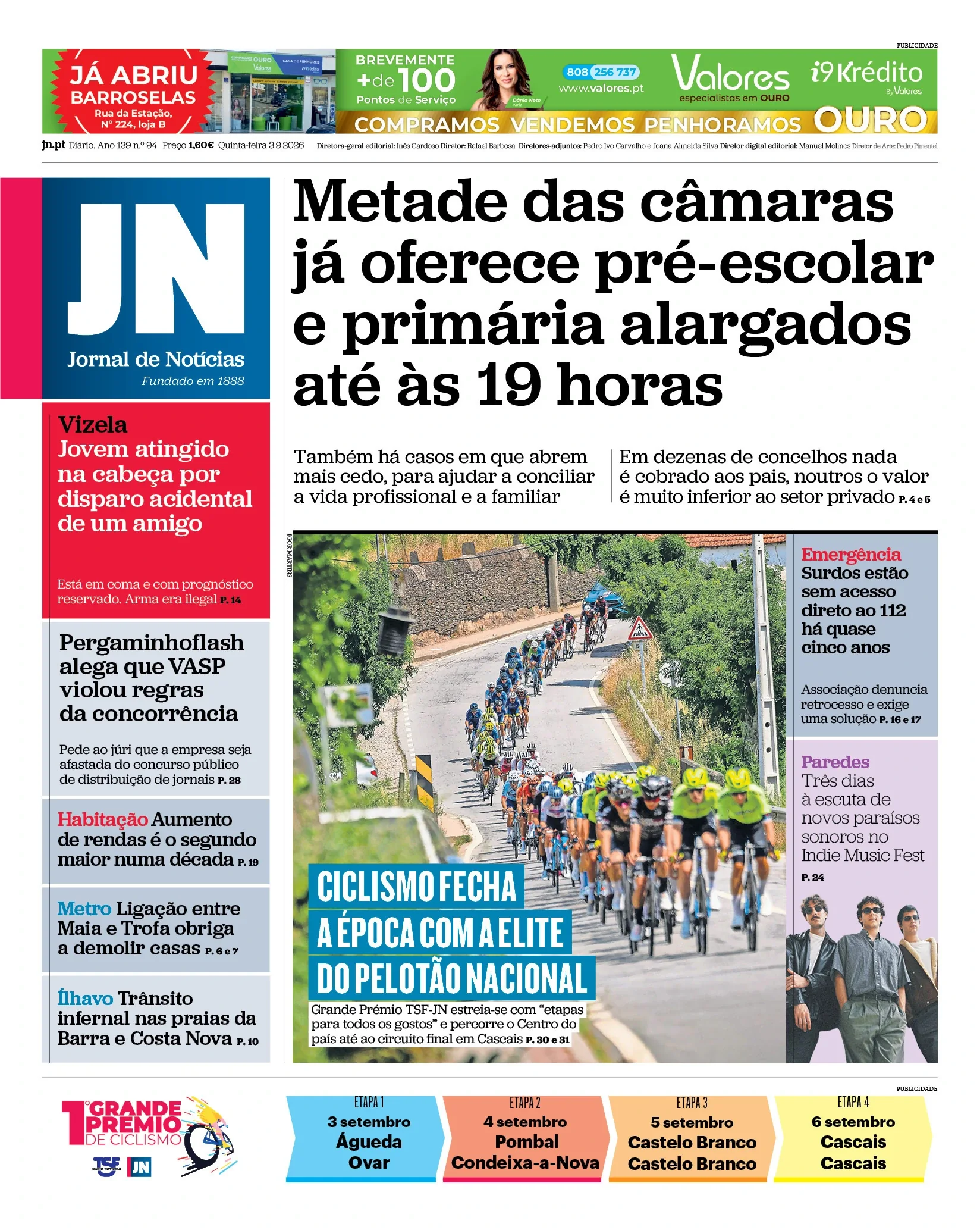 Capa do Jornal de Notícias de quinta-feira, 3 de setembro de 2026