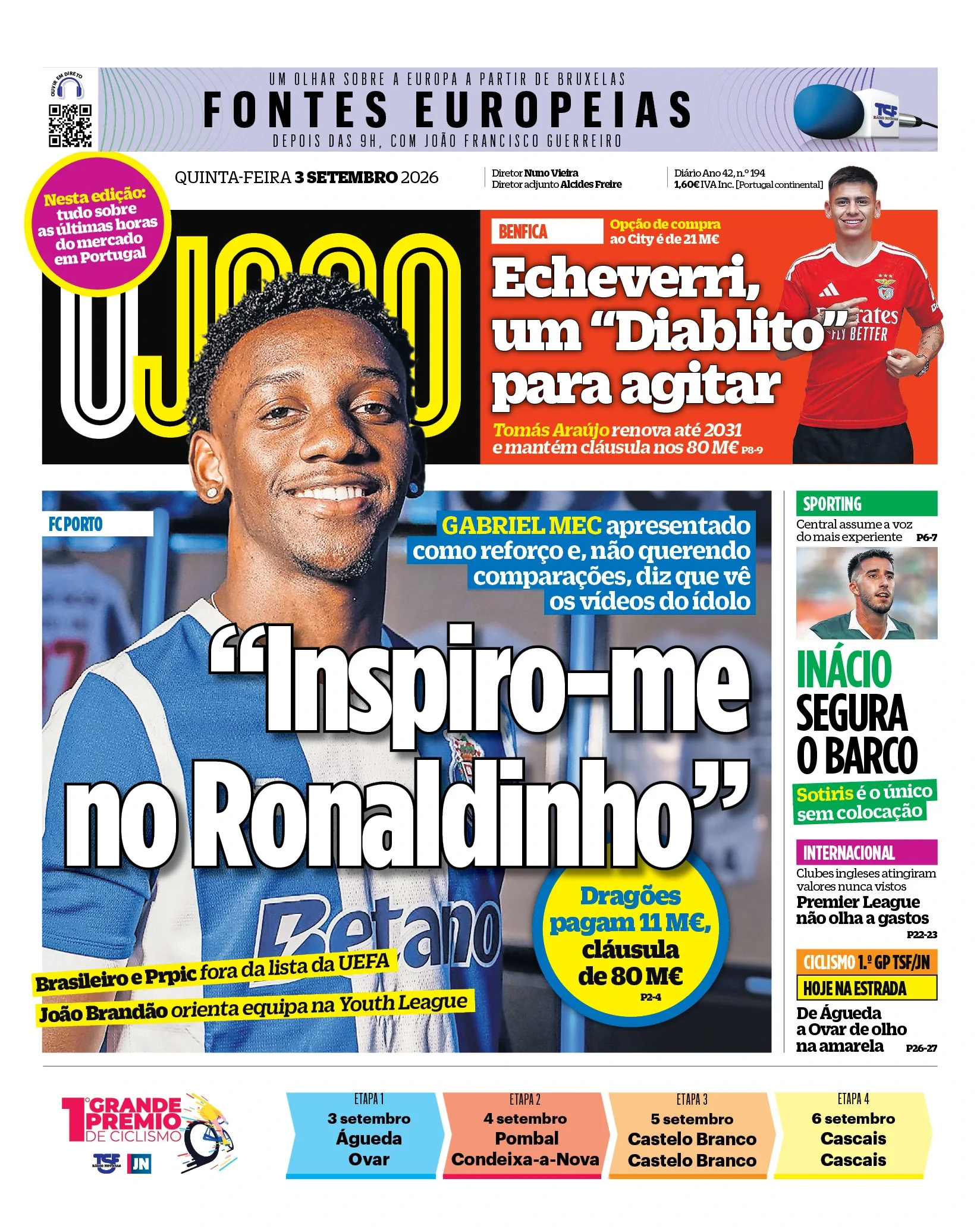 Capa do O Jogo de quinta-feira, 3 de setembro de 2026