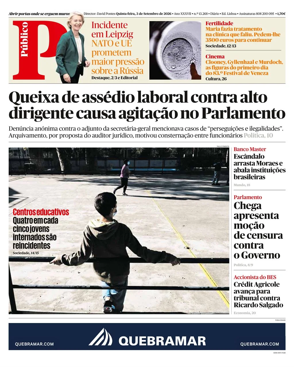 Capa do Público de quinta-feira, 3 de setembro de 2026