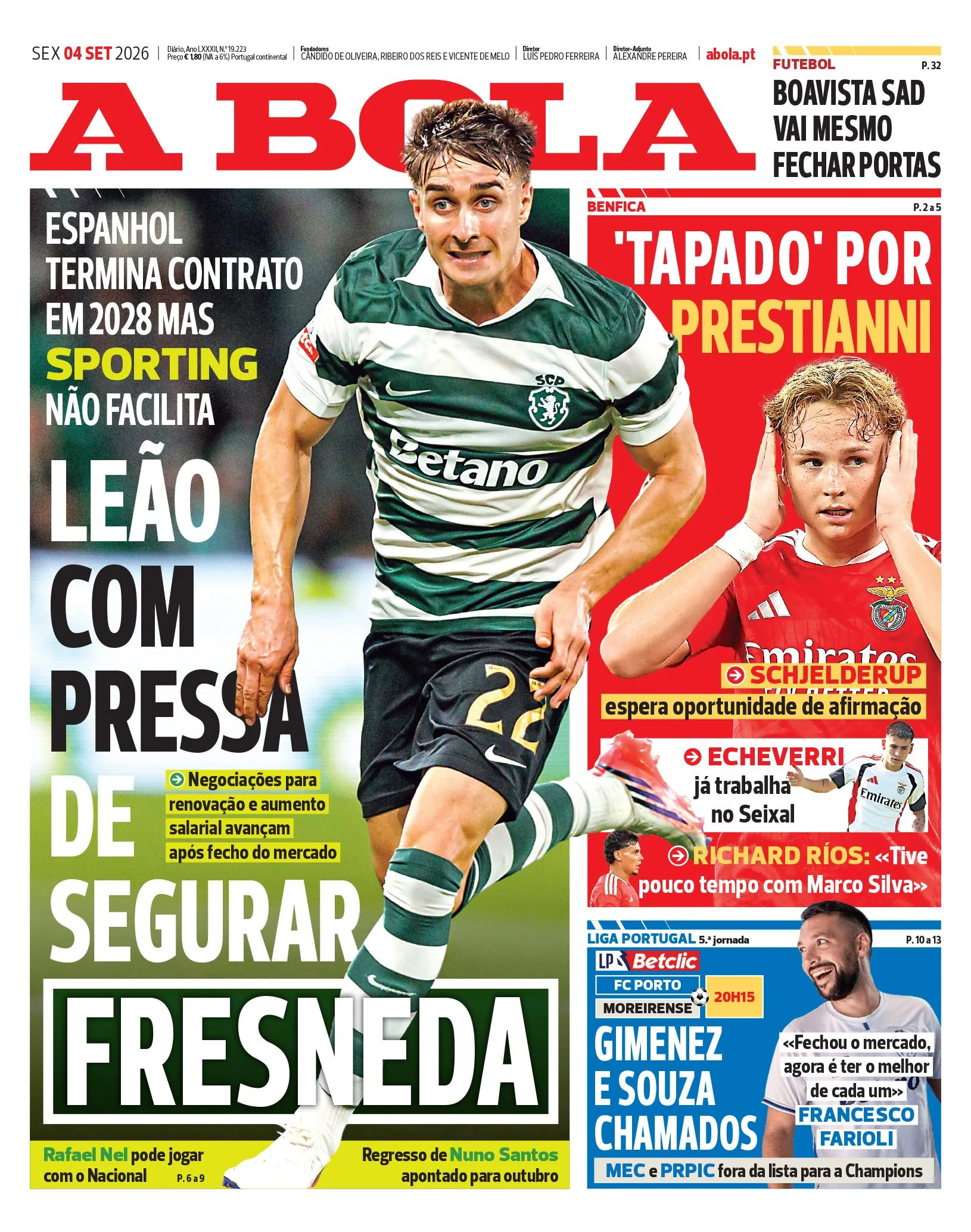 Capa do A Bola de sexta-feira, 4 de setembro de 2026