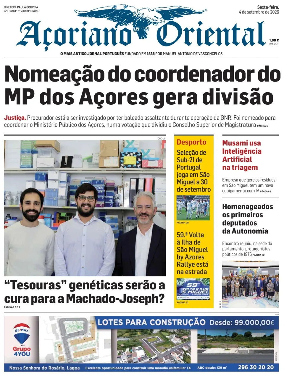 Capa do Açoriano Oriental de sexta-feira, 4 de setembro de 2026