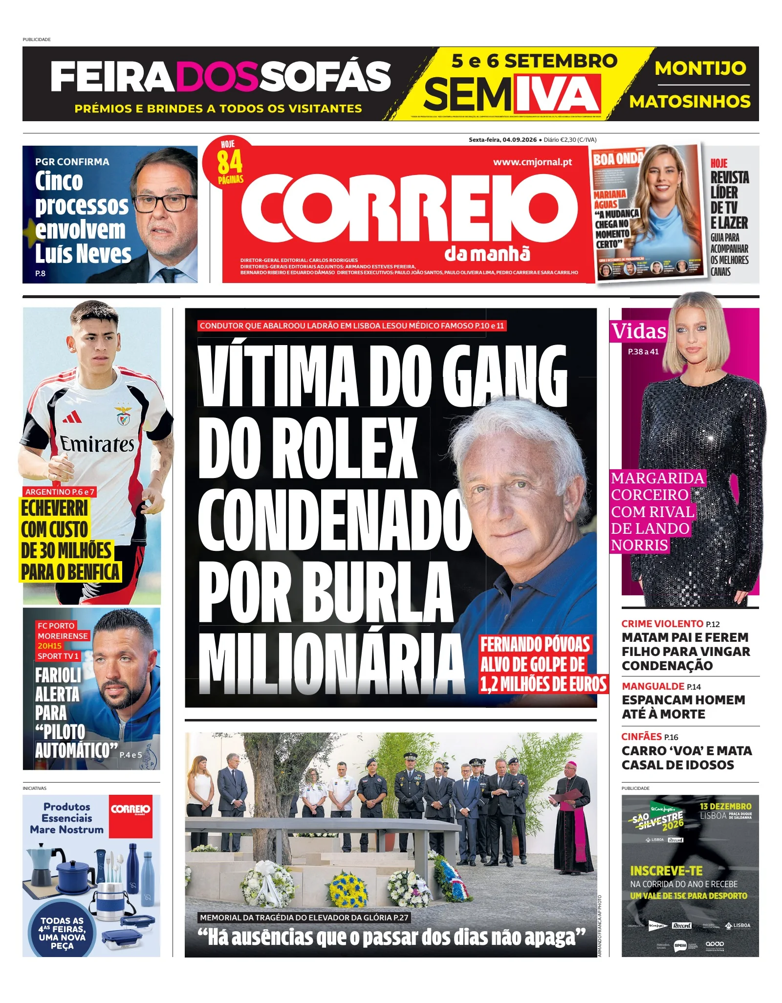 Capa do Correio da Manhã de sexta-feira, 4 de setembro de 2026