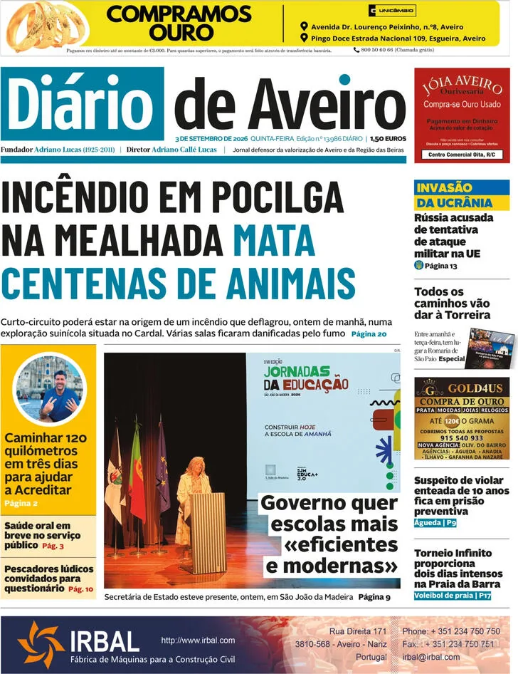 Capa do Diário de Aveiro de sexta-feira, 4 de setembro de 2026