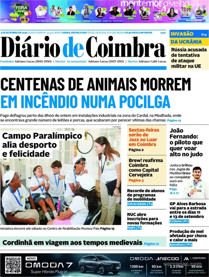 Capa do Diário de Coimbra de sexta-feira, 4 de setembro de 2026
