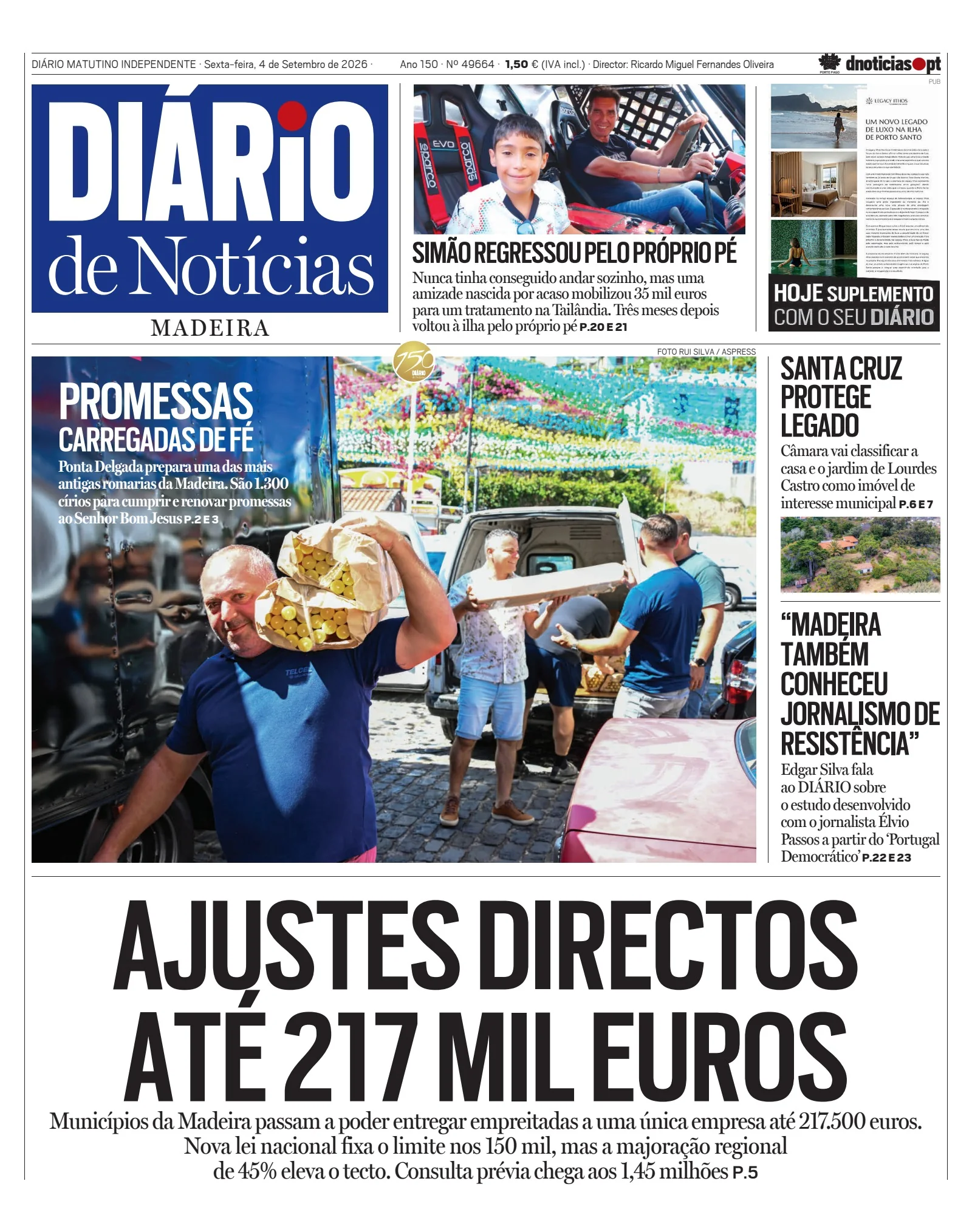 Capa do Diário de Notícias da Madeira de sexta-feira, 4 de setembro de 2026