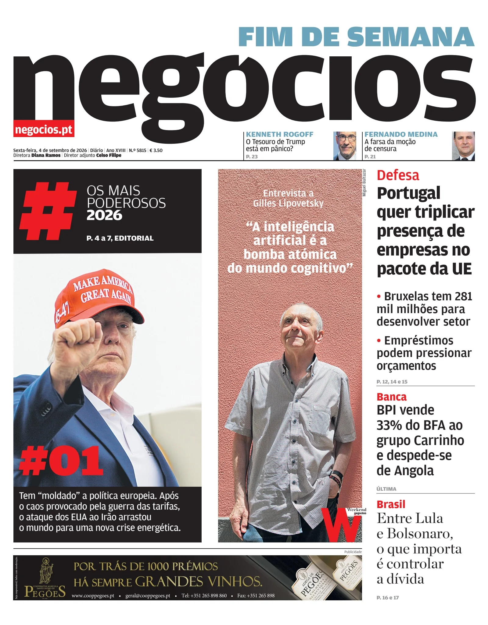Capa do Jornal de Negócios de sexta-feira, 4 de setembro de 2026