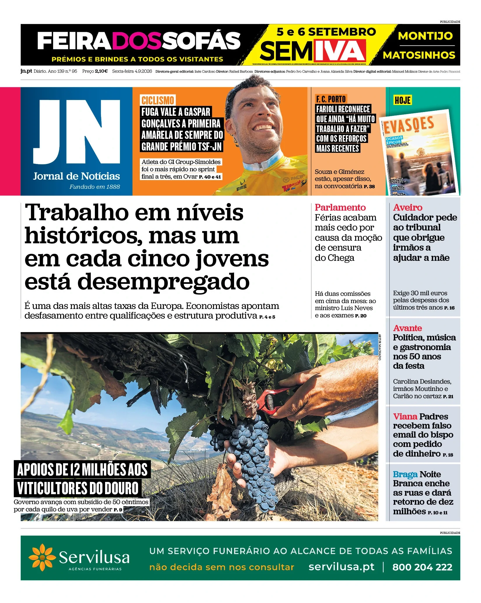 Capa do Jornal de Notícias de sexta-feira, 4 de setembro de 2026