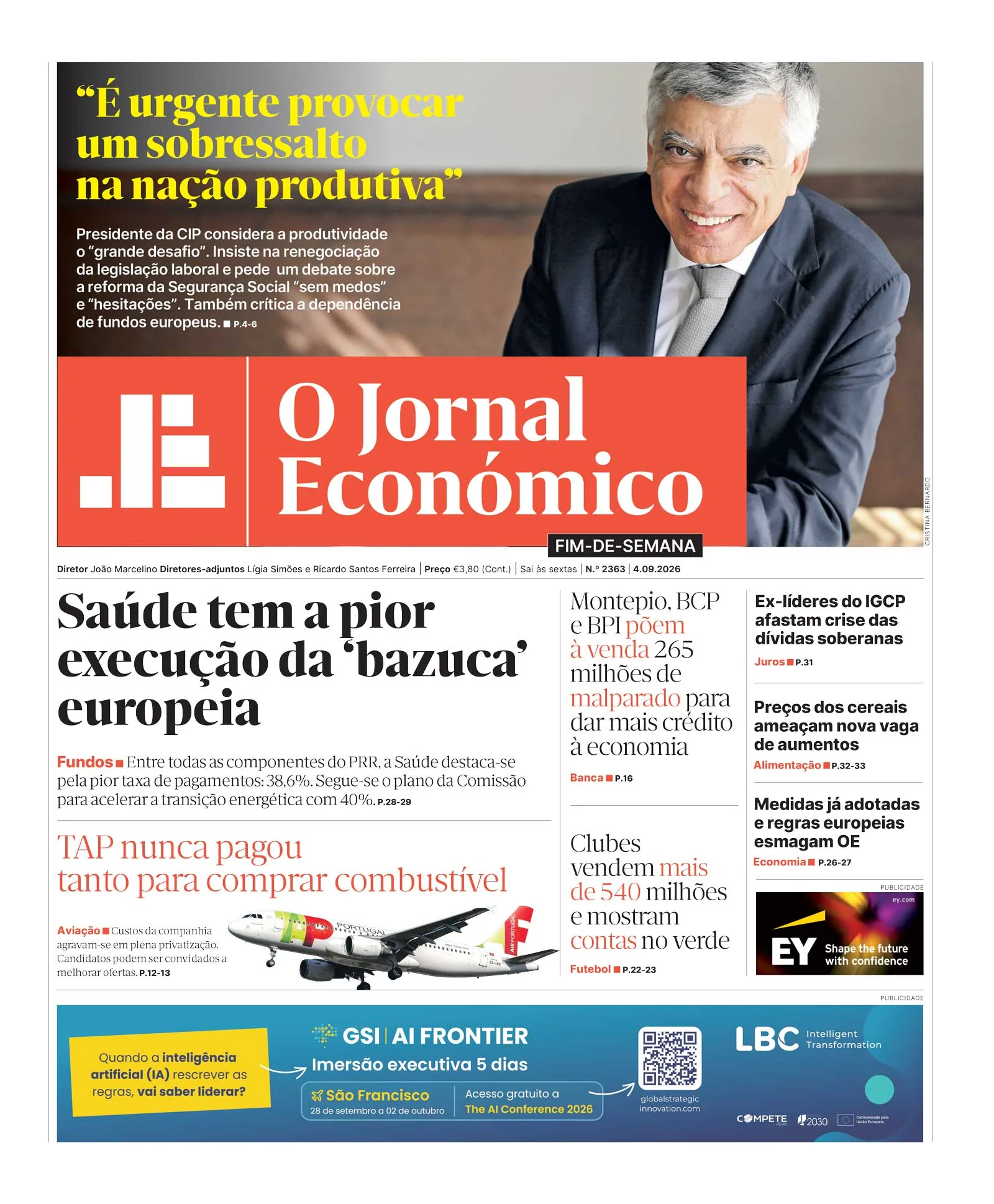 Capa do Jornal Económico de sexta-feira, 4 de setembro de 2026