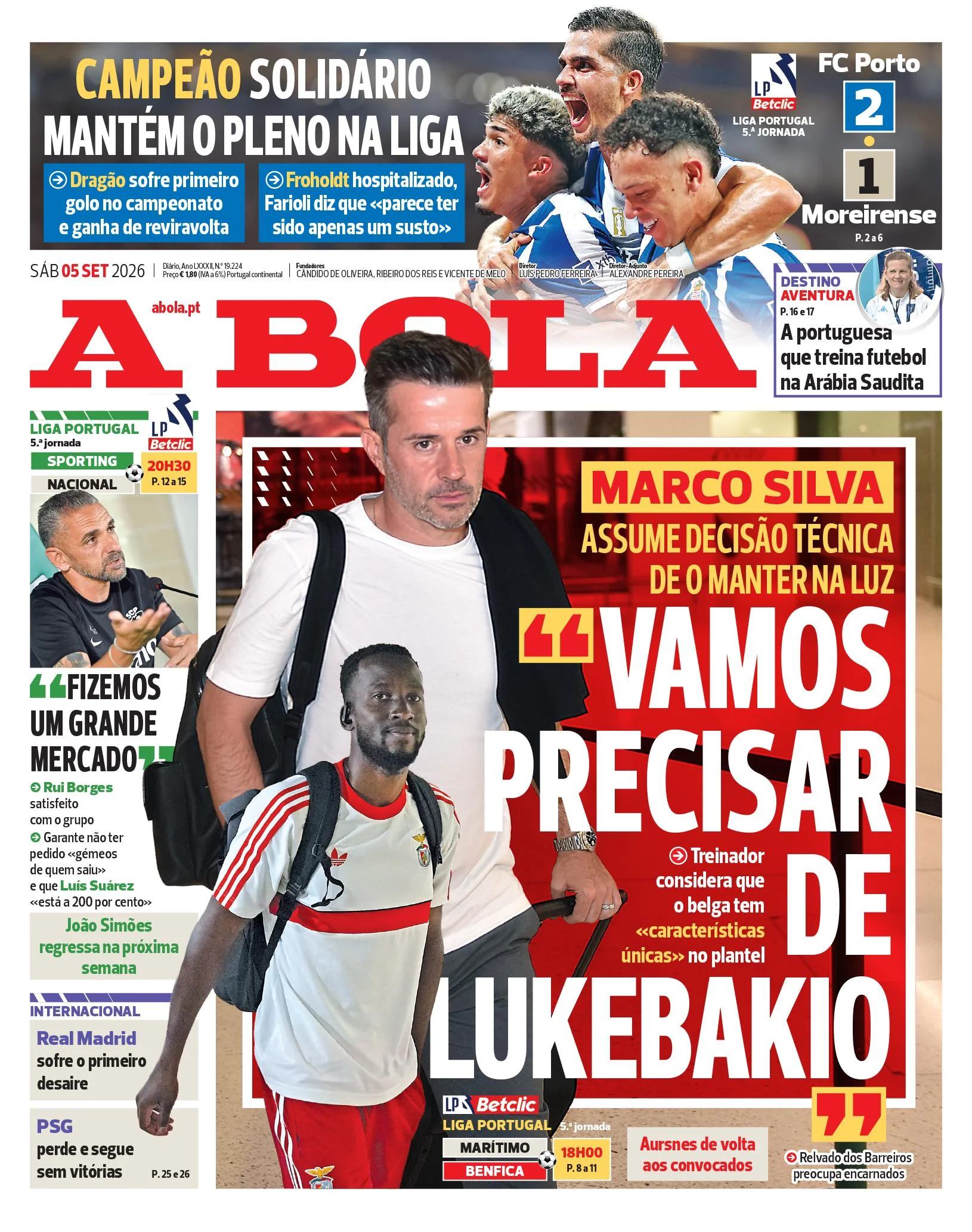 Capa do A Bola de sábado, 5 de setembro de 2026