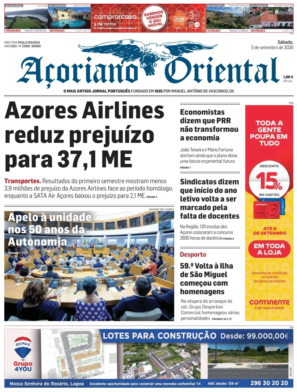 Capa do Açoriano Oriental de sábado, 5 de setembro de 2026