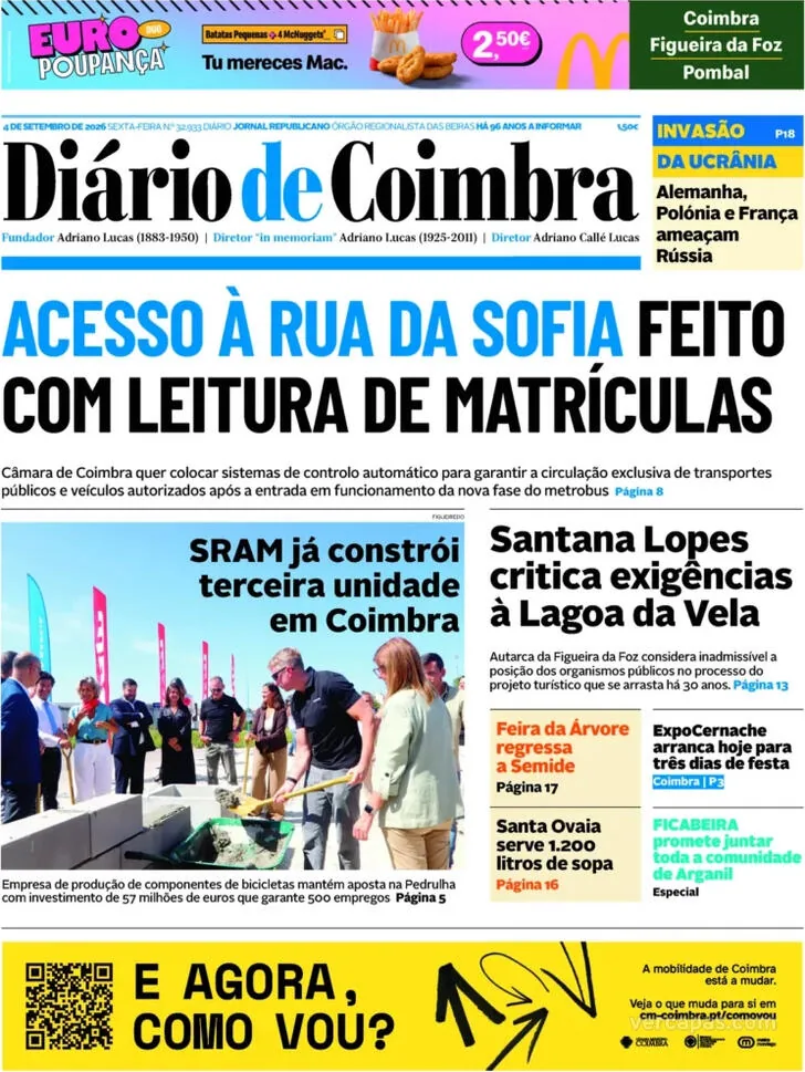 Capa do Diário de Coimbra de sábado, 5 de setembro de 2026