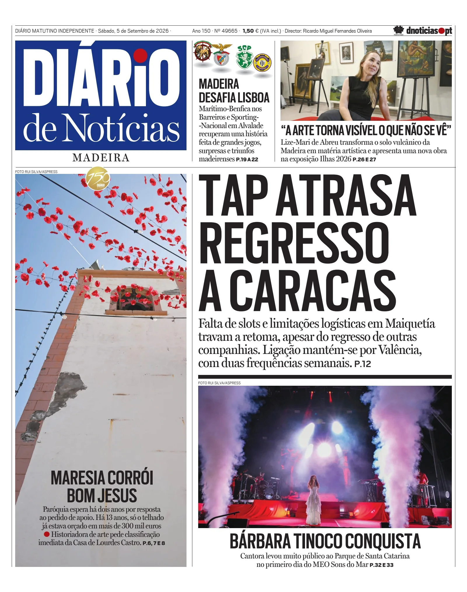 Capa do Diário de Notícias da Madeira de sábado, 5 de setembro de 2026