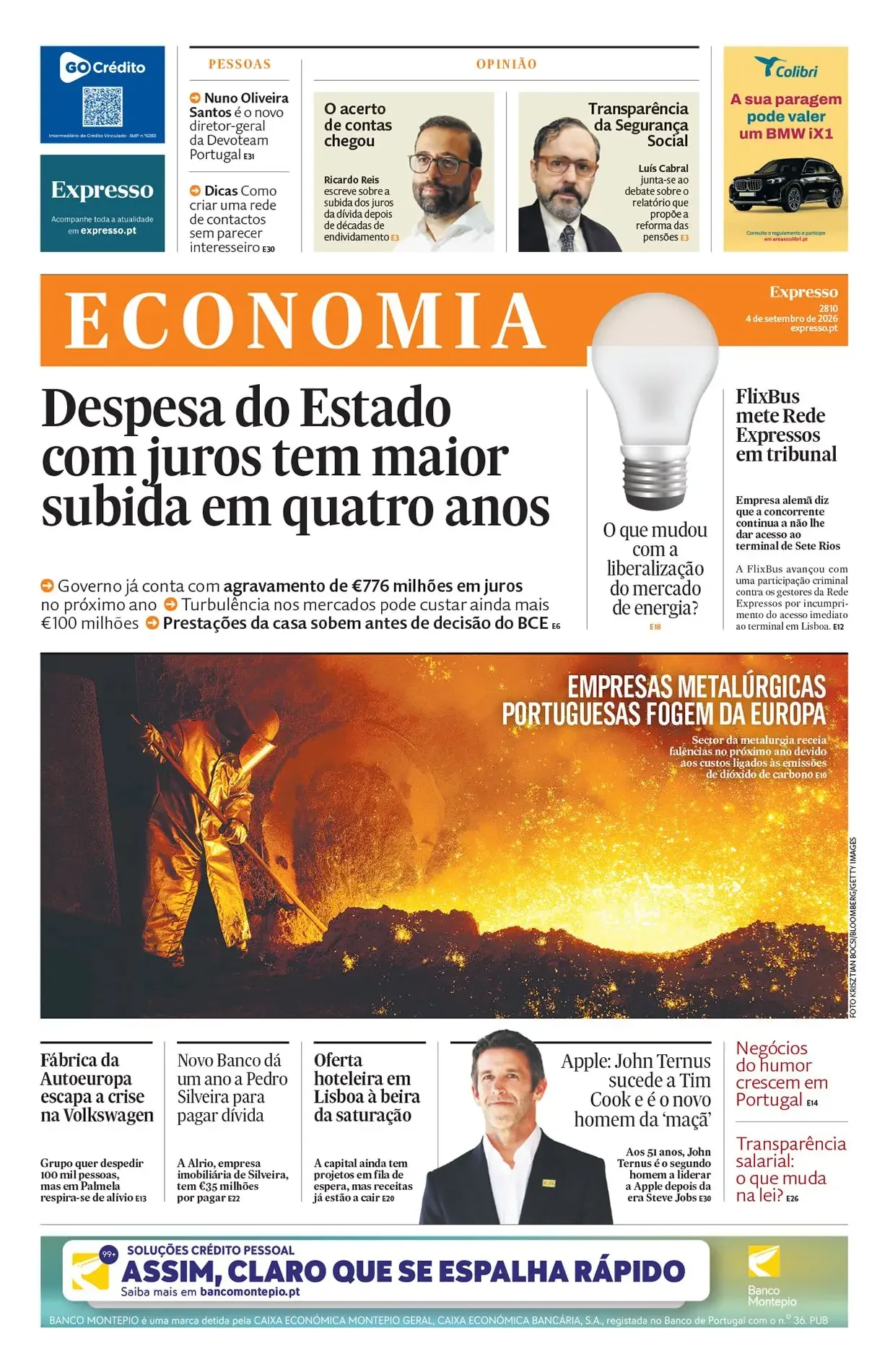 Capa do Expresso Economia de sábado, 5 de setembro de 2026