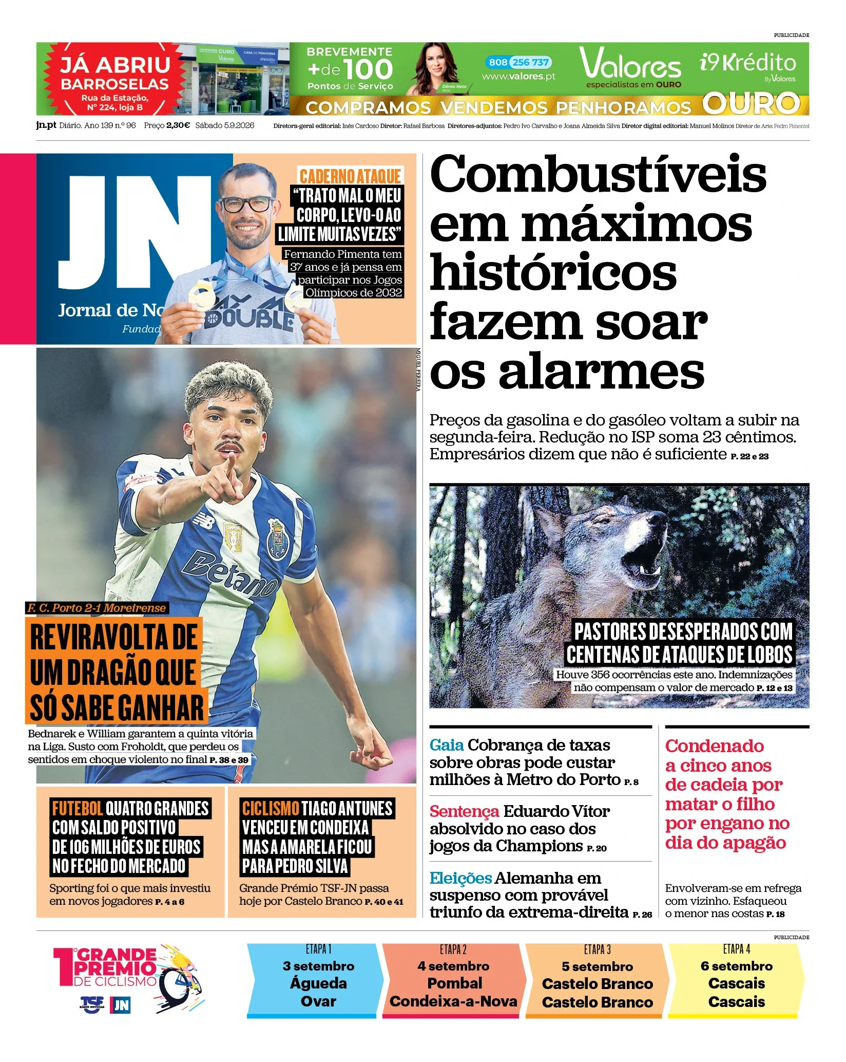 Capa do Jornal de Notícias de sábado, 5 de setembro de 2026