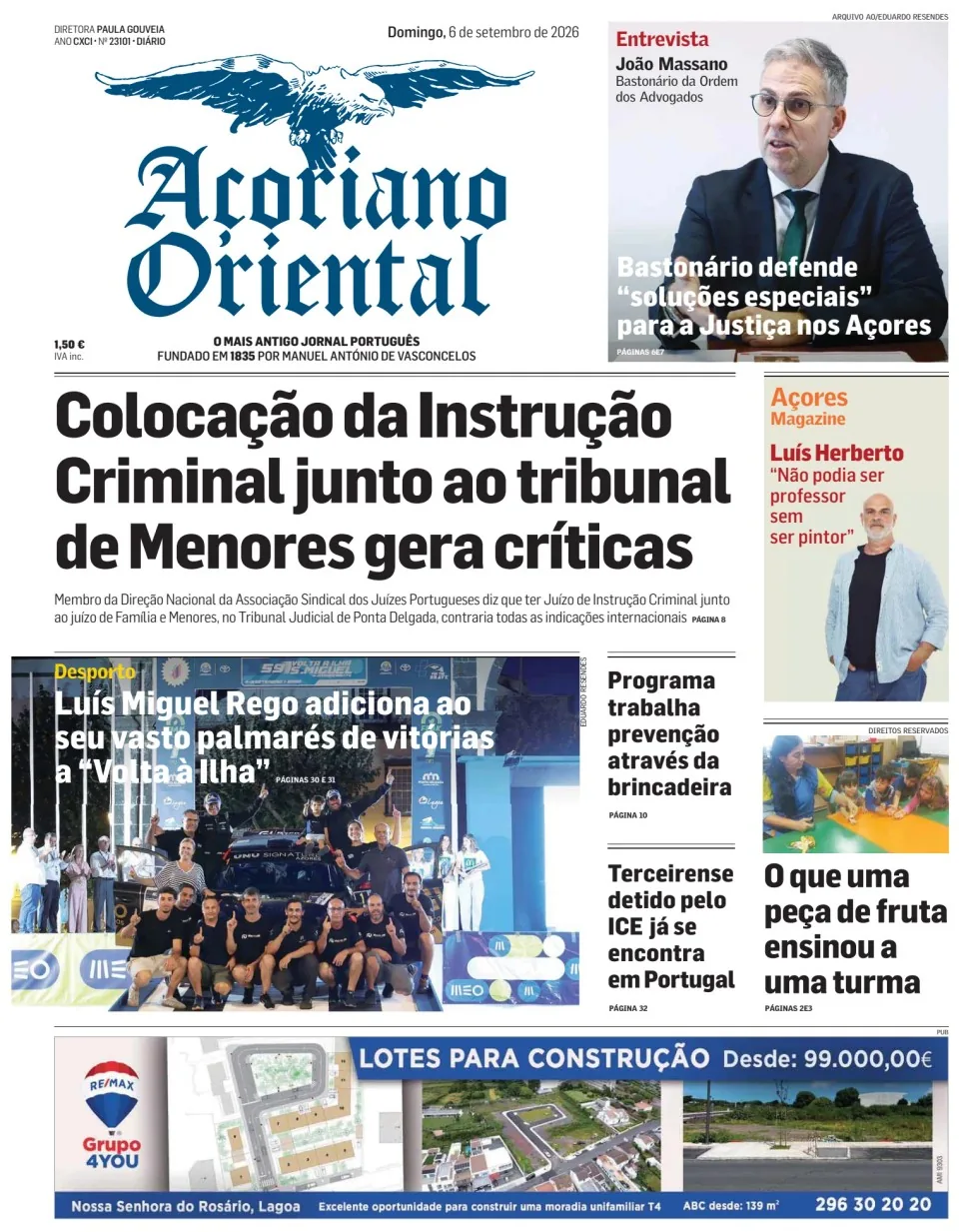 Capa do Açoriano Oriental de domingo, 6 de setembro de 2026