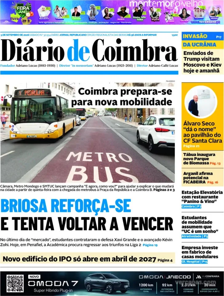 Capa do Diário de Coimbra de domingo, 6 de setembro de 2026