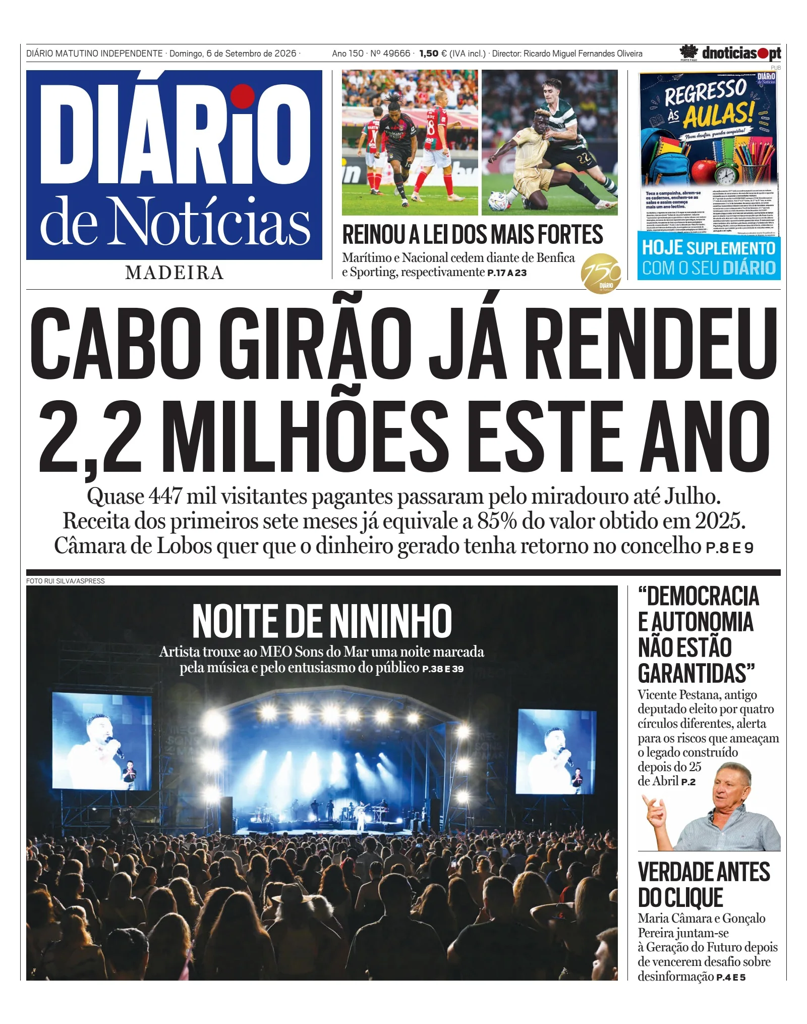 Capa do Diário de Notícias da Madeira de domingo, 6 de setembro de 2026
