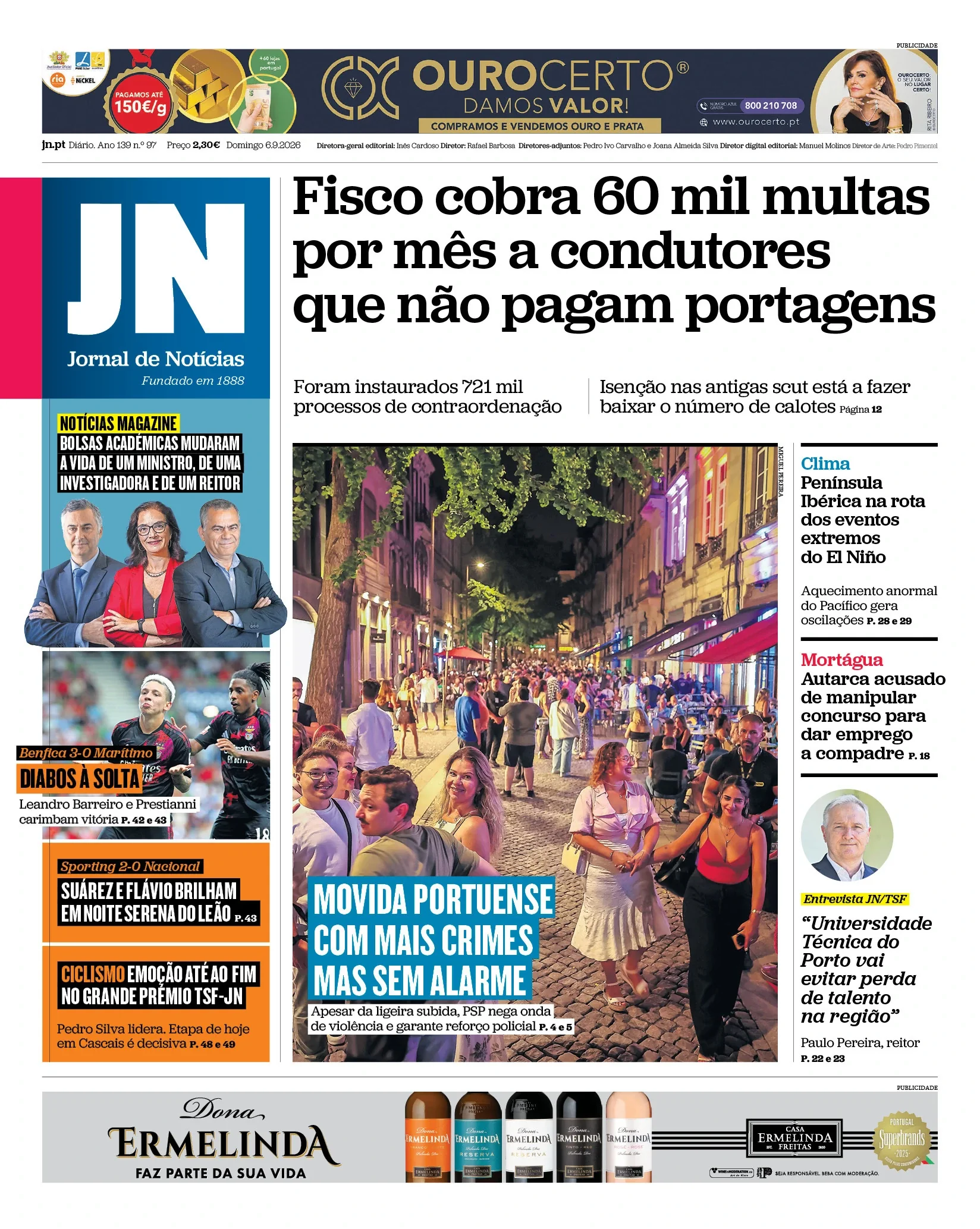 Capa do Jornal de Notícias de domingo, 6 de setembro de 2026